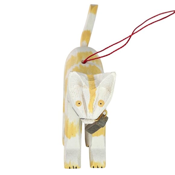 Handcrafted Wood Cat Ornament Holding Mouse In Mouth Folk Art - Picture 1 of 7